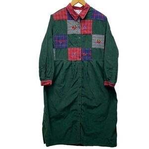 Sarin Plus Corduroy Patchwork Dress Womens 1X Green Plaid Embroidered Maxi VTG
